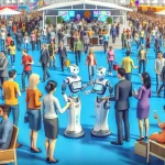 "Robôs humanoides assistindo em tarefas de atendimento ao cliente em um grande evento, exemplificando a crescente integração da tecnologia na interação humana."